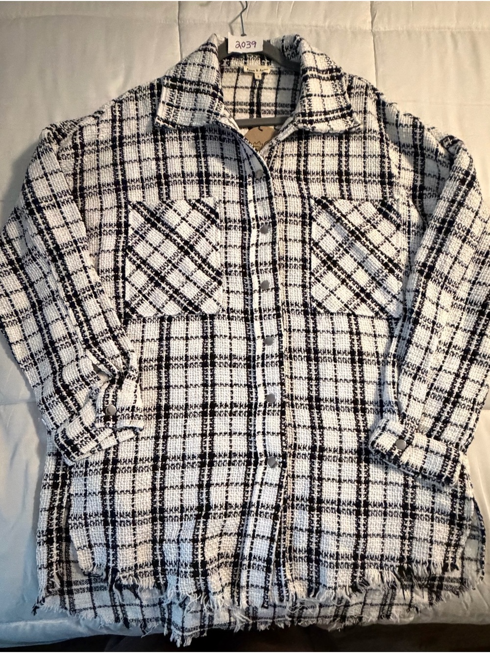 Aaron & Amber Black & White Plaid Fringe Shacket